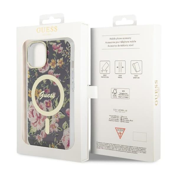 Guess Flower MagSafe - iPhone 14 -kotelo (musta)