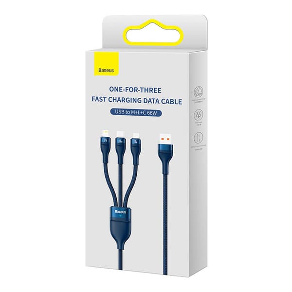 Baseus Flash Series 3in1 USB-kaapeli, USB-C + micro USB + Lightning, 66W, 1.2m (sininen)