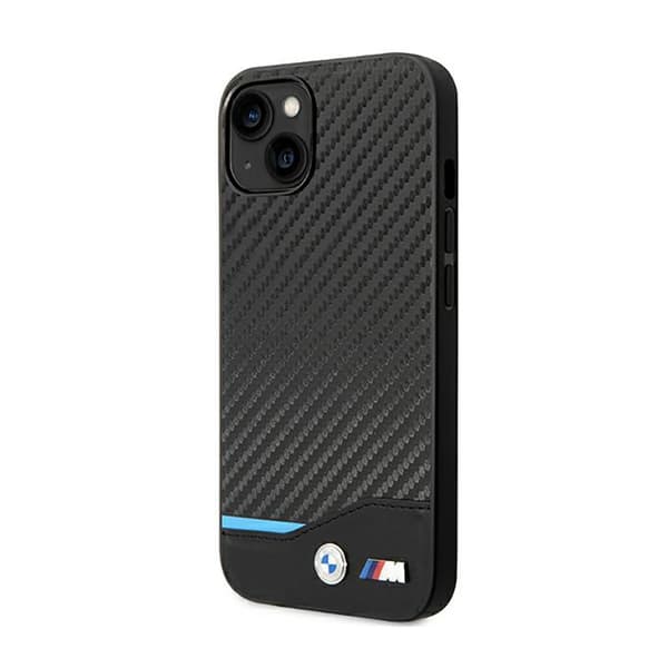 BMW Læder Carbon Blue Line - iPhone 14 Plus Etui (Sort)