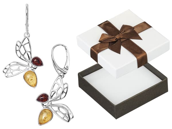 Hängande silverörhängen med bi och bärnsten, engelskt lås, silver
