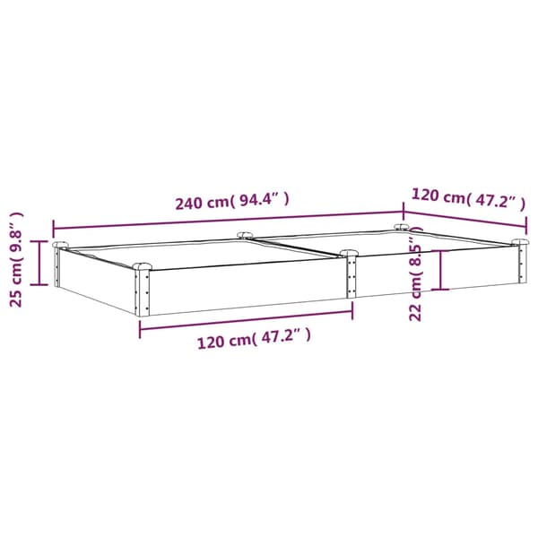 vidaXL Upphöjd rabatt med foder 240x120x25 cm gran