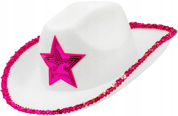 Hvid cowboyhat med lyserøde stjerne-pailletter til polterabend