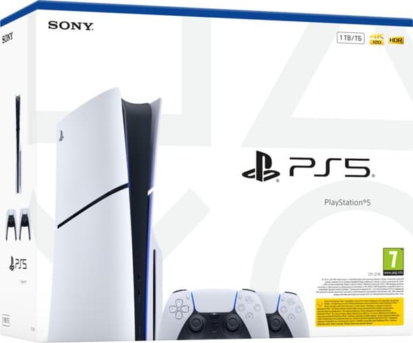 Sony PlayStation 5 Slim 1TB E Chassis (CFI-2116) og ekstra Dualsense controller hvid-sort
