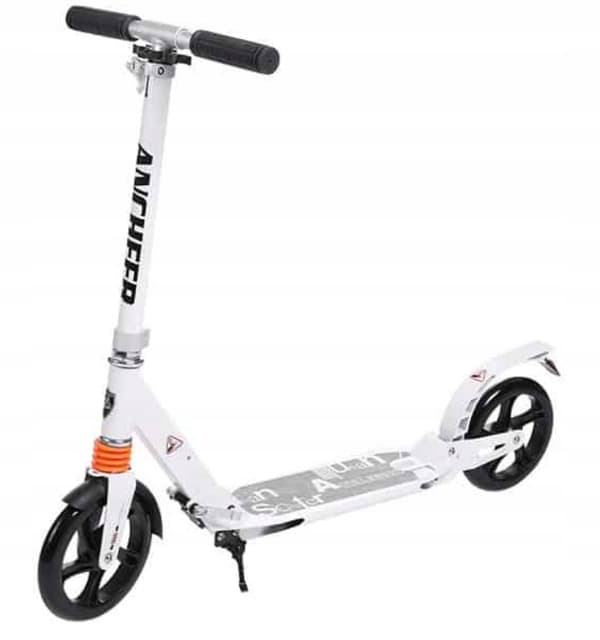 Stor stadsscooter med stötdämpare och standardbromsar, vit