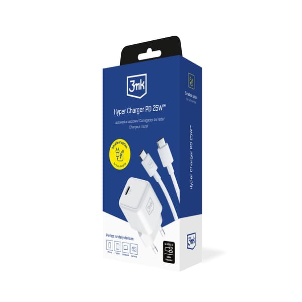 Tilbehør - 3mk Hyper Charger PD 25W+USB Kabel C til C Hvid