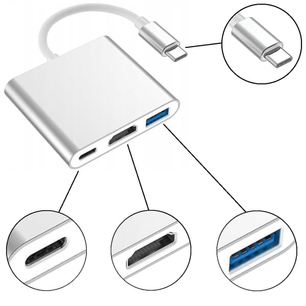 Adapter, 3 i 1, USB Typ C, till HDMI, Rymdgrå, Co2