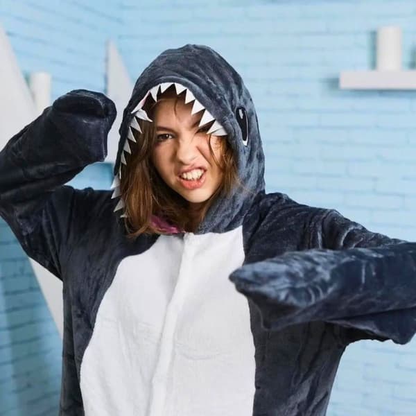 Kigurumi pyjamas kostume grå haj M: 155-165cm