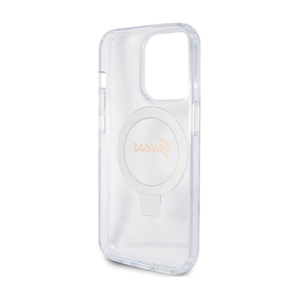 Guess Ring Stand Script Glitter MagSafe - iPhone 15 Pro-skal (genomskinligt)