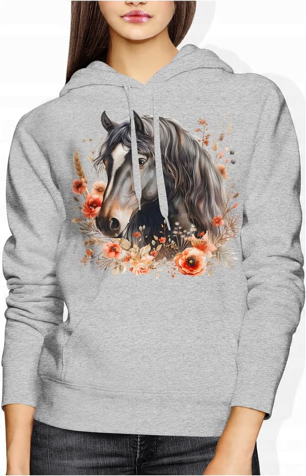 Damesweatshirt med hest og dyr, hesteprint, bomuld, sort, størrelse L