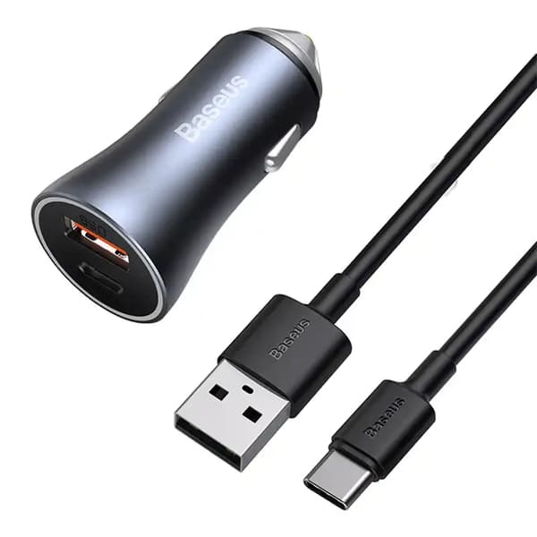 Baseus Golden Contactor Pro biloplader, USB + USB-C, QC4.0+, PD, SCP, 40W (grå) + USB til USB-C kabel 1m (sort)