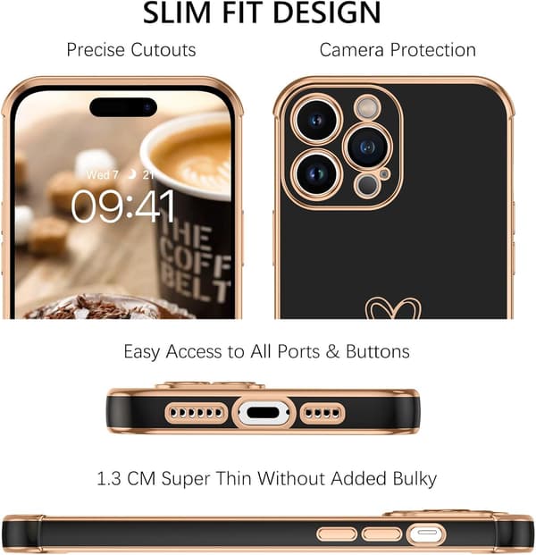 ETUI TIL APPLE IPHONE 14 PRO MAX SILICIUM SORT GULD RAMME A2894 A2651
