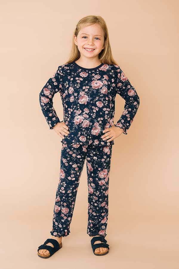 Flickpyjamas i bomull 146 PYJAMAS för FLICKOR ROSA MARINBLÅ mönster