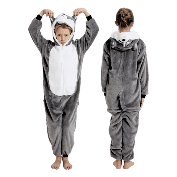 Kigurumi-pyjamas förklädnad grå husky barn 115-125 cm