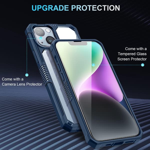 APPLE IPHONE 14 PLUS ETUI BLÅ RAMME HÆRDET GLAS KAMERA
