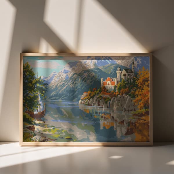 Måla efter nummer-bild med ram Slott i bergen 70x50 cm