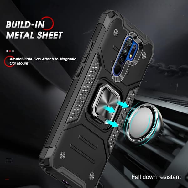 ARMOR ETUI TIL XIAOMI REDMI 9 SORT MED RING + 2x HÆRDET GLAS