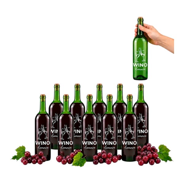 10x Vinflaskor med tryck, hemvin, grön vinflaska, 0,75l