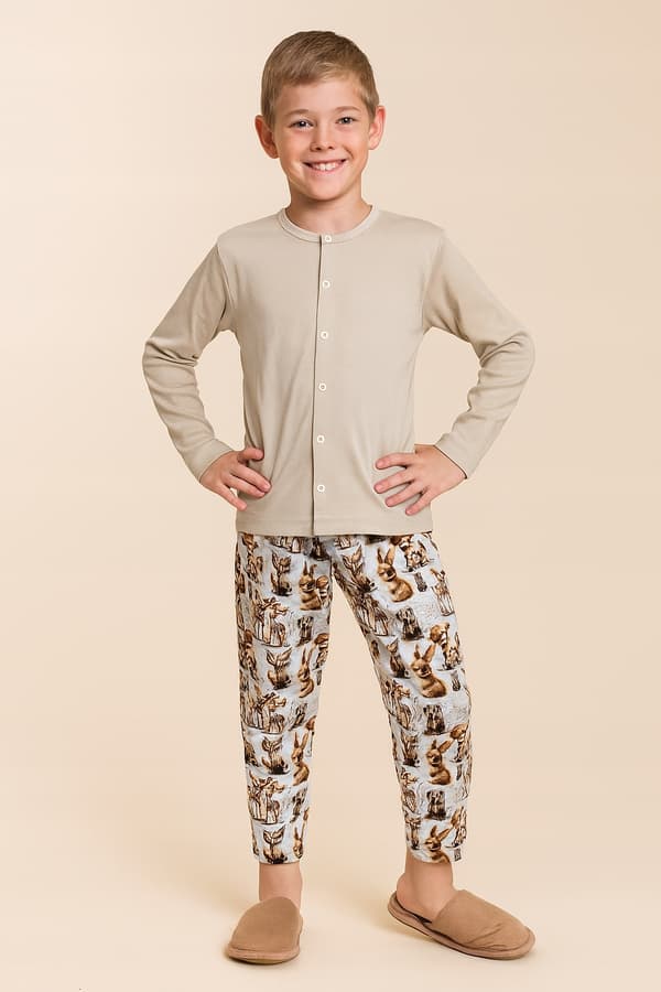 Barnpyjamas BOMULL 140 med knapp för SJUKHUSET BEIGE DEER