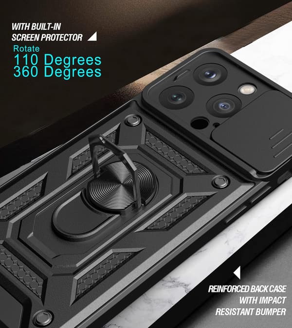 ARMORED ETUI TIL APPLE IPHONE 14 PRO SORT KAMERABESKYTTELSE MED RING