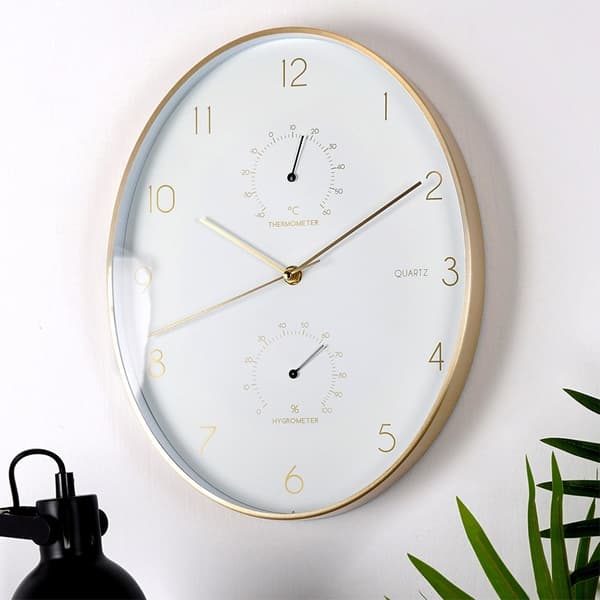 Väggklocka vit och guld med termometer och hygrometer 27x34,5 cm