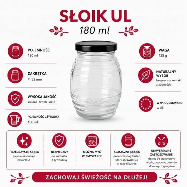 Glasburk UL 180ml burkar för honung, kryddor, sylt present + lock fi53