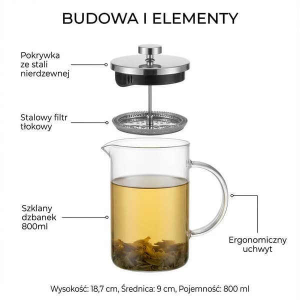 PISTON-INFUSER 800 ML SØLVKANDE TIL KAFFE OG TE Ø9 CM