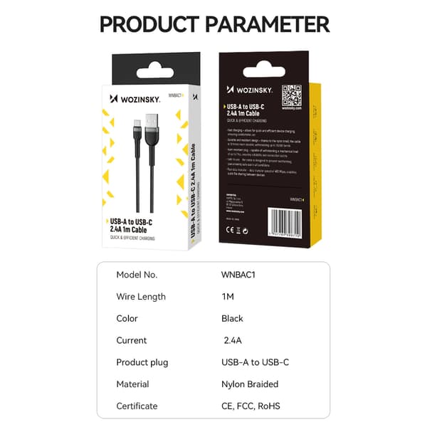 Wozinsky WNBAC2 USB-A / USB-C 2.4A -kaapeli 2 m - musta