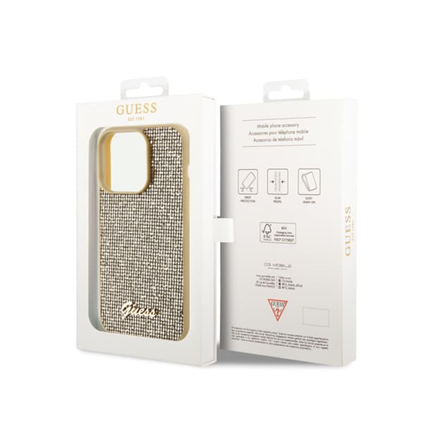 Guess Disco Metal Script - iPhone 15 Pro -suojakuori (kulta)