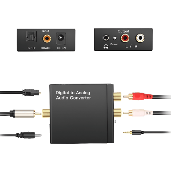 TOSLINK koaksial til analog L/R audio + 3,5 mm jack lydkonverter