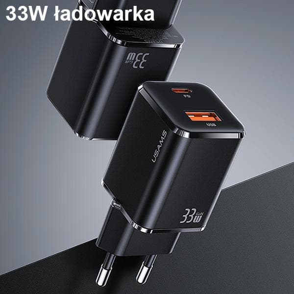 USAMS Netværksoplader 1xUSB-C + 1xUSB T43 33WPD3.0 + QC3.0 + U63 USB-C til Lightning-kabel Sort/Sort USKTZ01