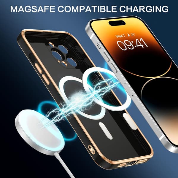 ETUI TIL APPLE IPHONE 14 PRO MAX SILIKONE SORT GULD MAGSAFE A2894 A2651