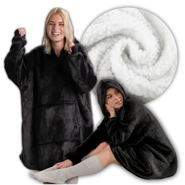 Tæppesweatshirt, large oversize, tyk, varm, med hætte, sort, blød