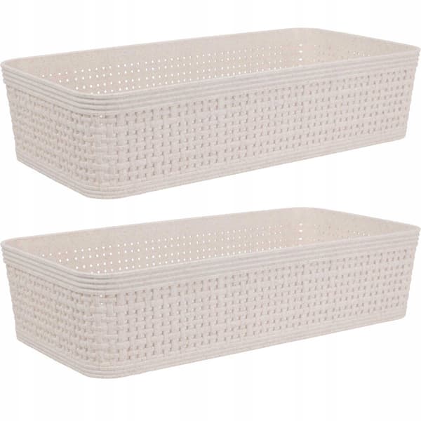 Set med 2 beige plastflätade förvaringskorgar 13x25cm