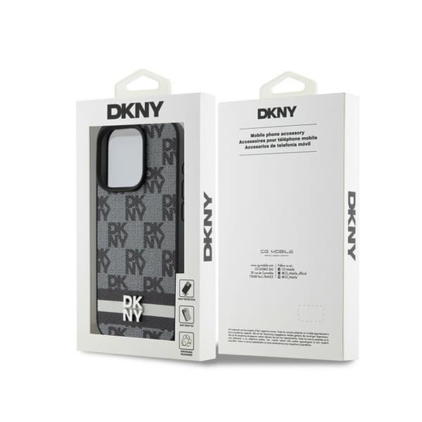 DKNY Læder Ternet Mono Mønster & Trykte Striber - iPhone 15 Pro Etui (Sort)