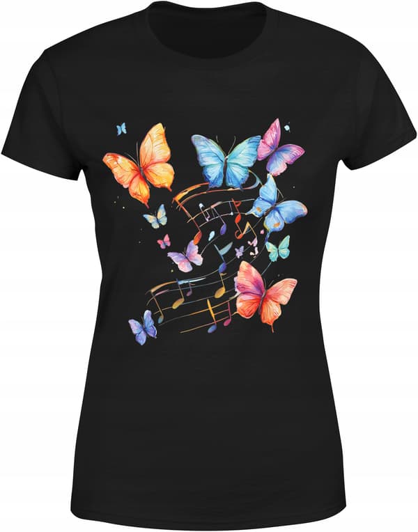 DAME T-SHIRT MED DYR, SOMMERFLUGE, MUSIKNODER, TRYKT BOMULD