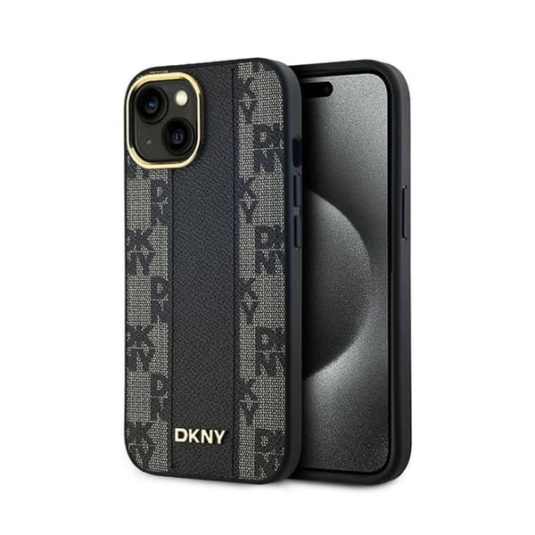 DKNY Læder MagSafe med Ternet Mono Mønster - iPhone 15 / 14 / 13 Etui (Sort)