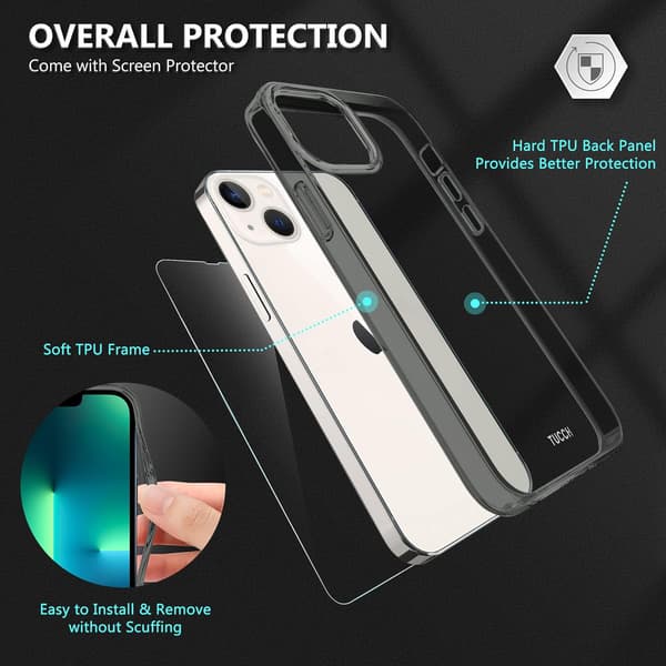 SILIKONE ETUI TIL APPLE IPHONE 13/14 6.10" RØGET GRÅ BAGSIDER + GLAS