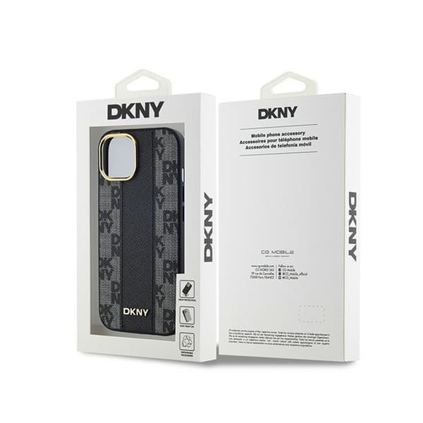 DKNY Læder Ternet Mono Mønster MagSafe - iPhone 15 Plus / 14 Plus Etui (Sort)