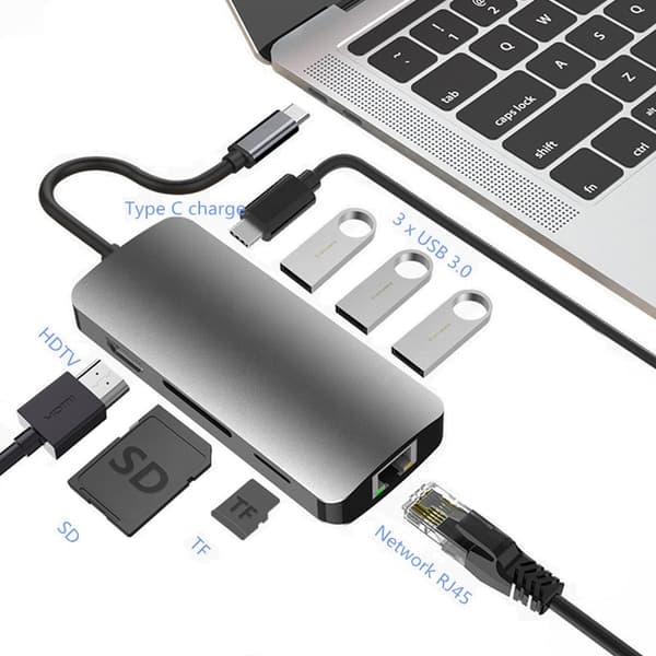 Hub 8-i-1 dockningsstation USB-C HDMI 4K SD för Macbook Pro/Air