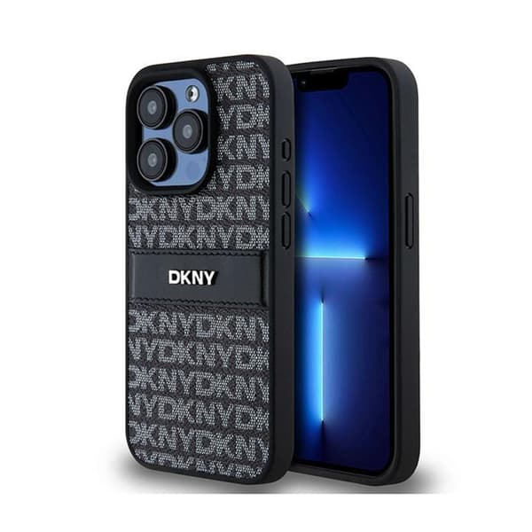 DKNY Læder Mono Stripe & Metal Logo - iPhone 15 Pro Max Etui (Sort)