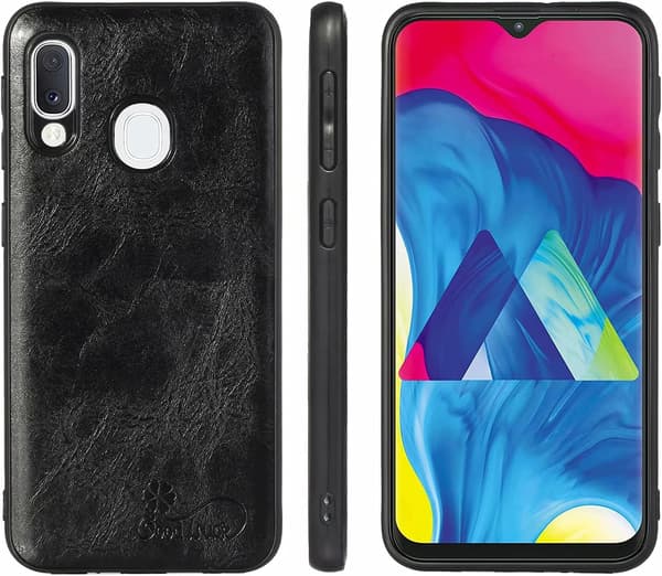 Hærdet glascover til Samsung Galaxy A20E, sort læder.