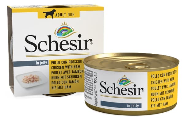 Schesir | Vådfoder til hunde | 150g dåse - Kylling med skinke i gelé 150g