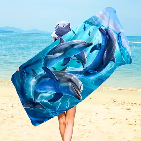 Strandhåndklæde i mikrofiber med delfiner, hurtigtørrende 3D, 150x75 cm
