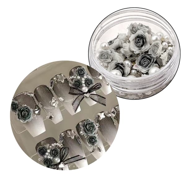 Nagelkonst 3D-dekorationer Set Grå Rosor Rosetter Pärlor Strass Nr 4