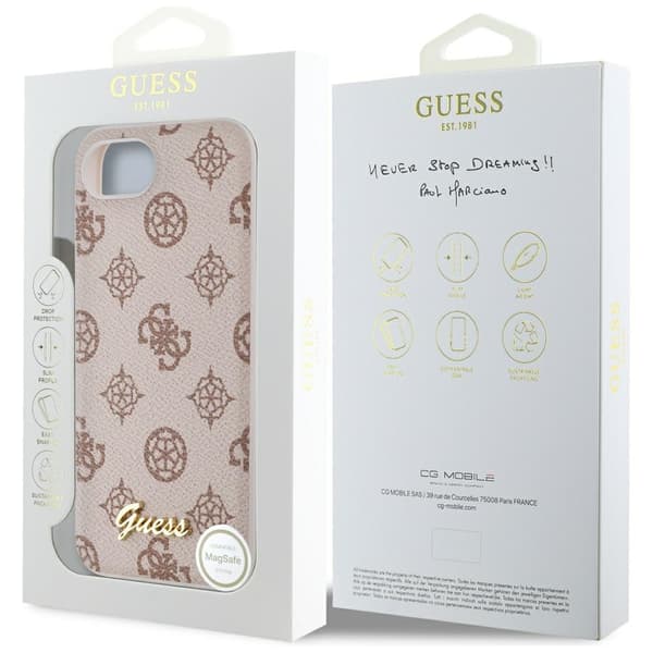 Guess Peony Script Logo MagSafe-cover til iPhone 16e, brunt