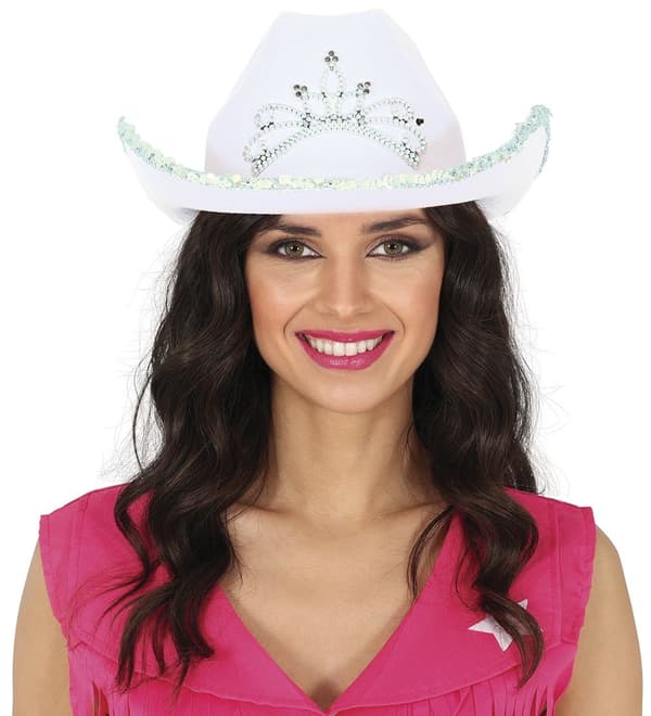 Vit cowboyhatt med silverdiadem för möhippa