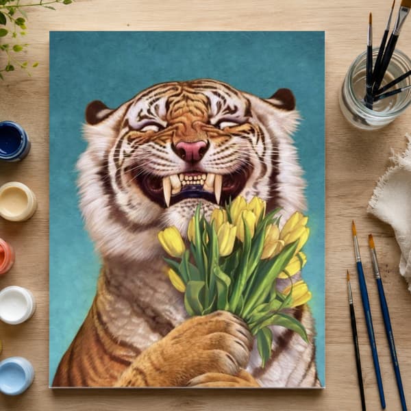 Måla efter siffror med ram Tiger med blommor 50x70 cm