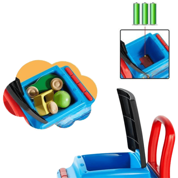 Blå lokomotivvogn, trolley, rollator, kørende pusher, lydeffekter