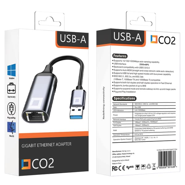 CO2 USB-A ETHERNET-ADAPTER LAN-NETVÆRKSKORT GIGABIT RJ45 1000 MBPS