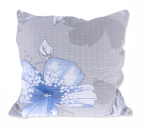 40x40 gråt barkpudebetræk med store blåtegnede blomster